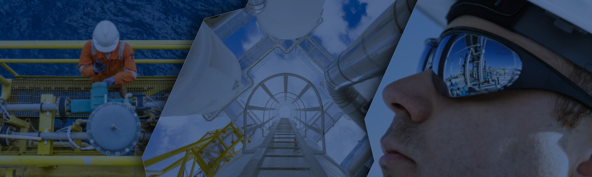 The image shows industrial equipment on an offshore platform alongside a view looking upward through a metal structure with pipes against a blue sky.